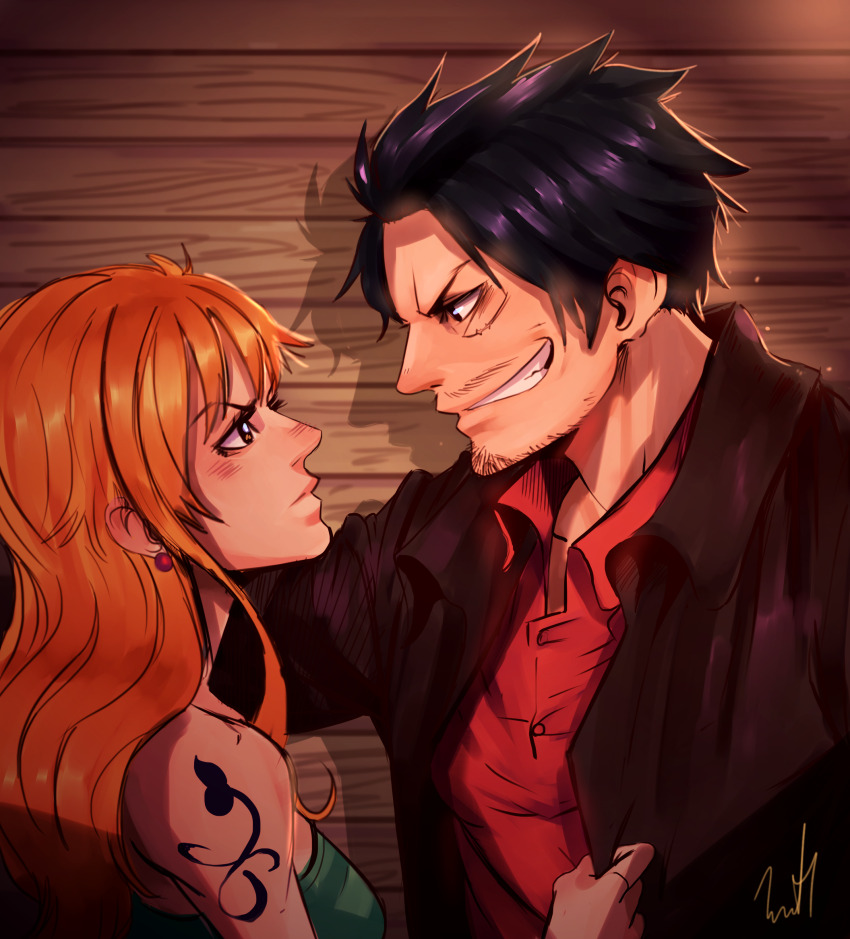 1boy, 1girl, aged_up, arm_tattoo, bare_shoulders, beard_stubble, black_eyes, black_hair