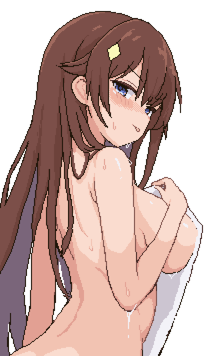 0th_generation_(hololive), 1girl, :p, armpit_crease, back, bare_arms, bare_back, bare_shoulders, blue_eyes, blush, breasts, brown_hair, cowboy_shot, diamond_hair_ornament, from_side, hair_between_eyes, hair_flaps, hair_ornament, hair_over_shoulder, hairclip, holding, holding_towel, hololive, large_breasts, long_hair, looking_at_viewer, looking_back, shiny_skin, sideboob, solo, stomach, sweat, sweatdrop, tokino_sora, tongue, tongue_out, towel, virtual_youtuber, white_background, zou_eita