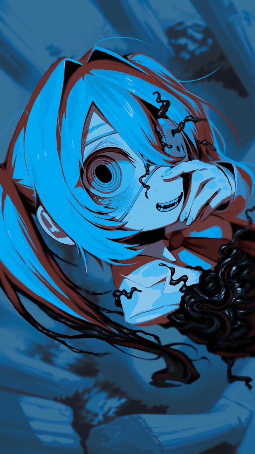 1girl, absurdres, bags_under_eyes, blue_hair, blue_theme, blurry, blurry_background, bush