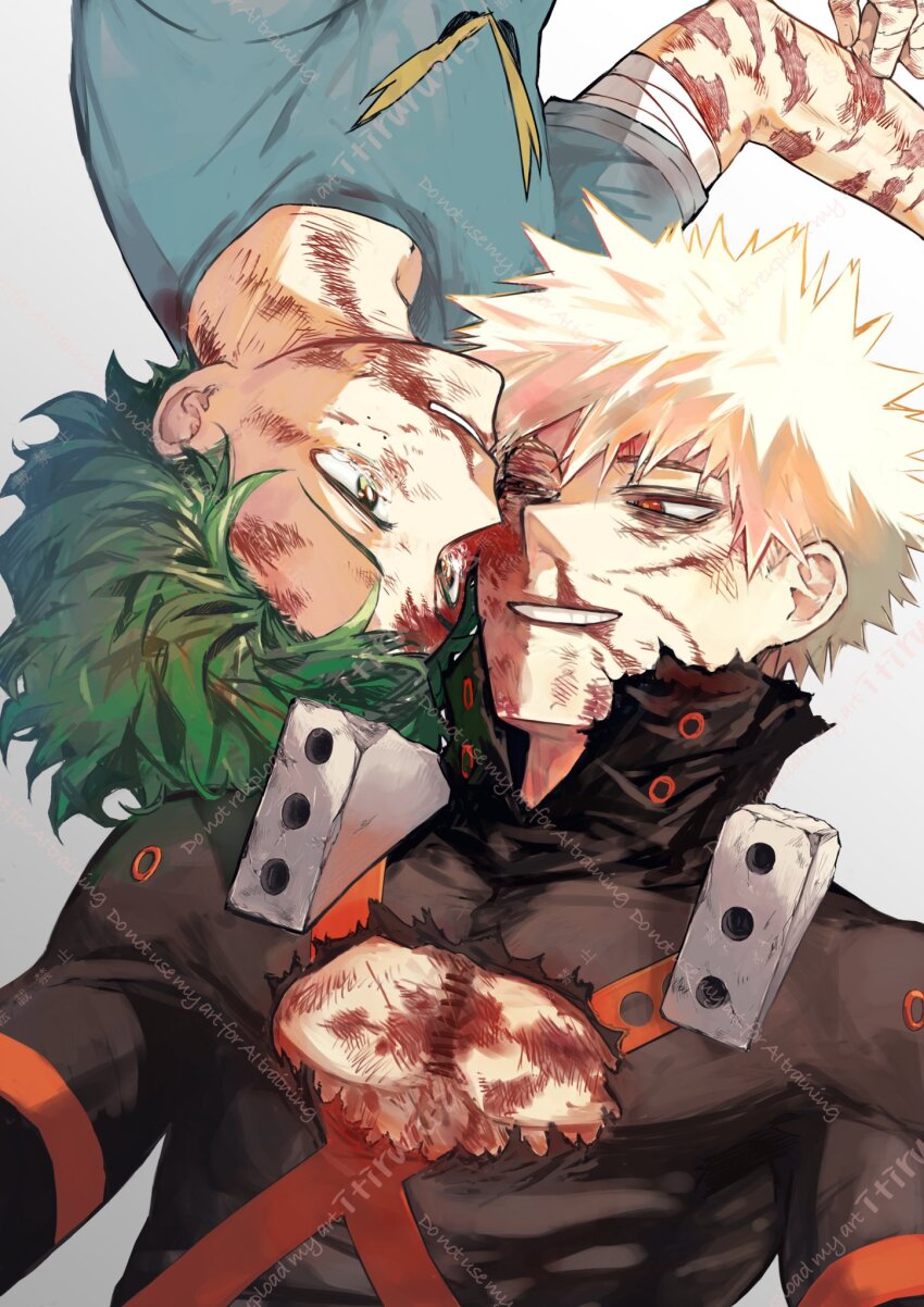2boys, bakugou_katsuki, blonde_hair, blood, blood_on_face, boku_no_hero_academia, green_eyes, green_hair, highres, itiruru713, looking_at_another, male_focus, midoriya_izuku, multiple_boys, pectorals, red_eyes, scar, scar_on_arm, scar_on_hand, short_hair, simple_background, smile, spiked_hair, superhero_costume, teeth, torn_clothes, upper_teeth_only, white_background, yaoi