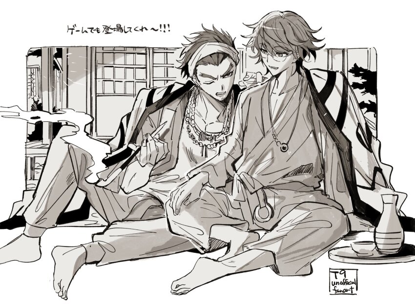 2boys, :d, bead_necklace, beads, glasses, greyscale, highres, holding