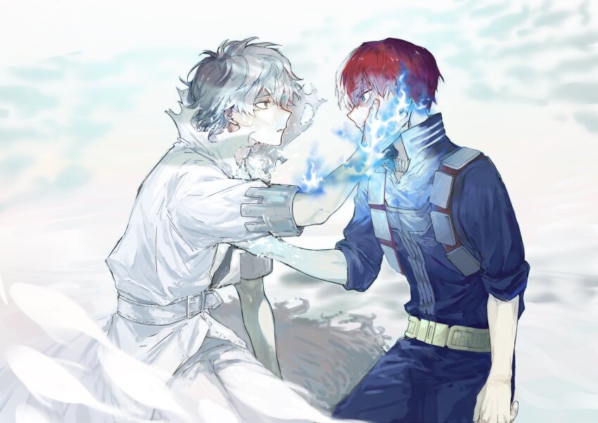 2boys, alternate_costume, boku_no_hero_academia, burn_scar, hand_on_another's_cheek, hand_on_another's_chest, hand_on_another's_face, highres