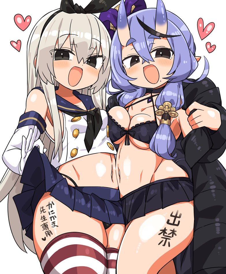 2girls, :d, asymmetrical_docking, bikini, bikini_skirt, black_bikini, black_hair, black_hairband, black_panties, blonde_hair, blush, body_writing, bow_hairband, breast_press, breasts, buttons, commentary_request, cowboy_shot, criss-cross_halter, crop_top, crossed_bangs, double-breasted, double-parted_bangs, elbow_gloves, gloves, gradient_horns, grey_eyes, groin, hair_between_eyes, hair_between_horns, hair_ornament, hair_ribbon, hair_tubes, hairband, hairpin, halterneck, highleg, highleg_panties, horns, kanikama, kantai_collection, long_hair, looking_at_viewer, low-tied_sidelocks, medium_breasts, miniskirt, mole, mole_under_mouth, multicolored_hair, multicolored_horns, multiple_girls, navel, nijisanji, oni, open_mouth, panties, panty_straps, pointy_ears, purple_eyes, purple_hair, purple_horns, purple_ribbon, red_thighhighs, ribbon, rindou_mikoto, rindou_mikoto_(6th_costume), rindou_mikoto_(7th_costume), sailor_collar, sailor_shirt, school_uniform, serafuku, shimakaze_(kancolle), shirt, sidelocks, simple_background, skin-covered_horns, skirt, sleeveless, sleeveless_shirt, small_breasts, smile, stomach, streaked_hair, striped_clothes, striped_thighhighs, swimsuit, thick_eyebrows, thick_thighs, thighhighs, thighs, underwear, virtual_youtuber, white_background, white_gloves, white_thighhighs