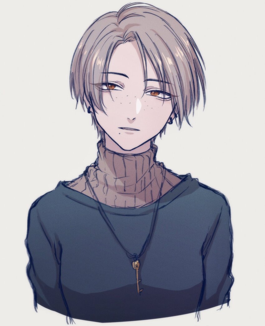 1girl, androgynous, blonde_hair, blue_shirt, breasts, brown_sweater, collared_sweater, commentary_request
