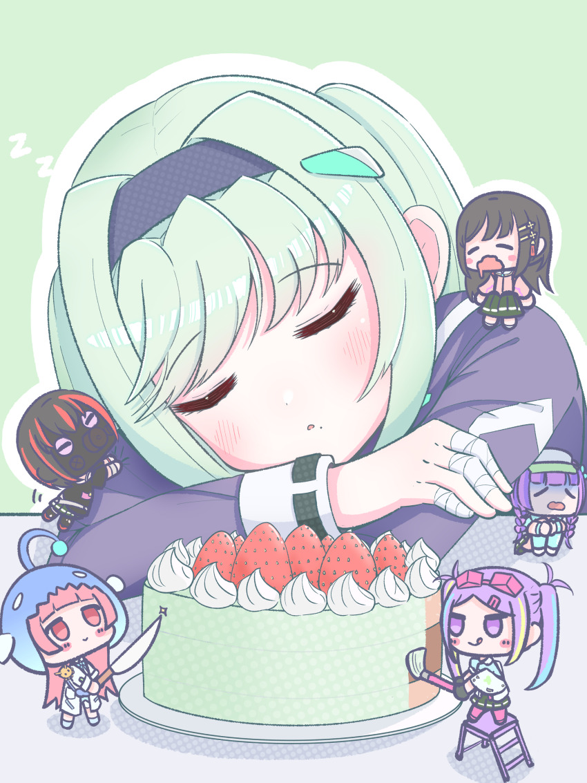 6+girls, absurdres, arcshizuku, black_hairband, chibi, date_akari, green_hair, hairband