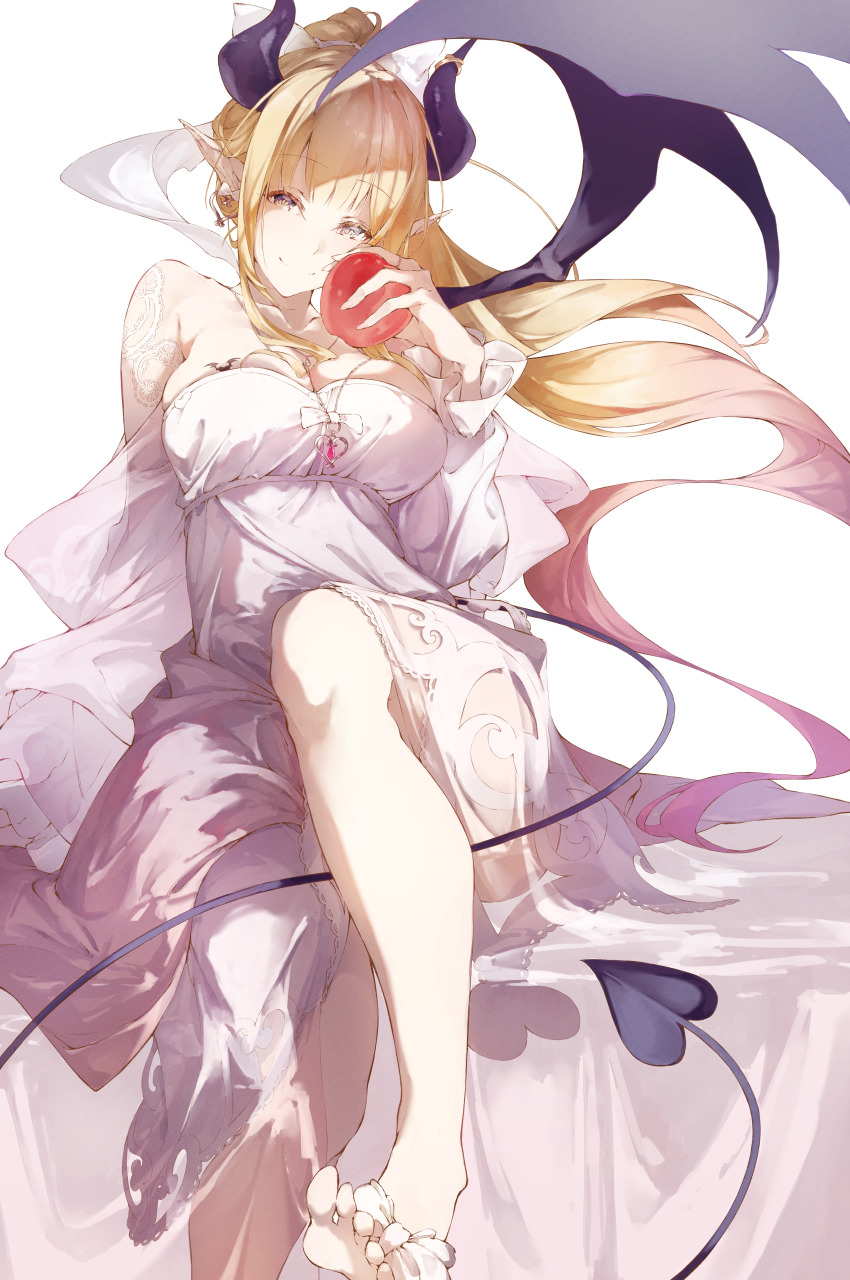 1girl, absurdres, apple, asahi_tsujino, black_horns, blonde_hair, blush, breasts