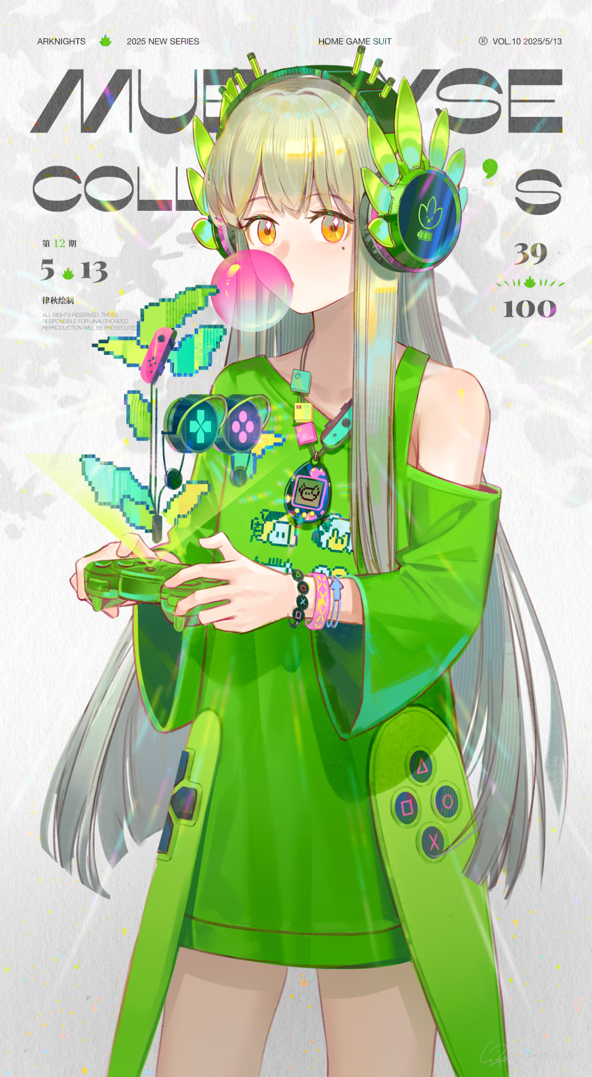 1girl, absurdres, arknights, artist_name, asymmetrical_dress, blowing_bubble_gum, blowing_bubbles, bracelet, brown_hair, character_name, character_print, chewing_gum, commentary, controller, copyright_name, cowboy_shot, dated, dress, game_controller, green_dress, headphones, highres, holding, holding_controller, holding_game_controller, hologram, jewelry, joy-con, keycap, laurel_ornament, lyuqiu, mole, mole_under_eye, muelsyse_(arknights), necklace, nintendo_switch_pro_controller, orange_eyes, pixelated, single-shoulder_dress, solo, tamagotchi_(virtual_pet), virtual_pet_(toy), wide_sleeves