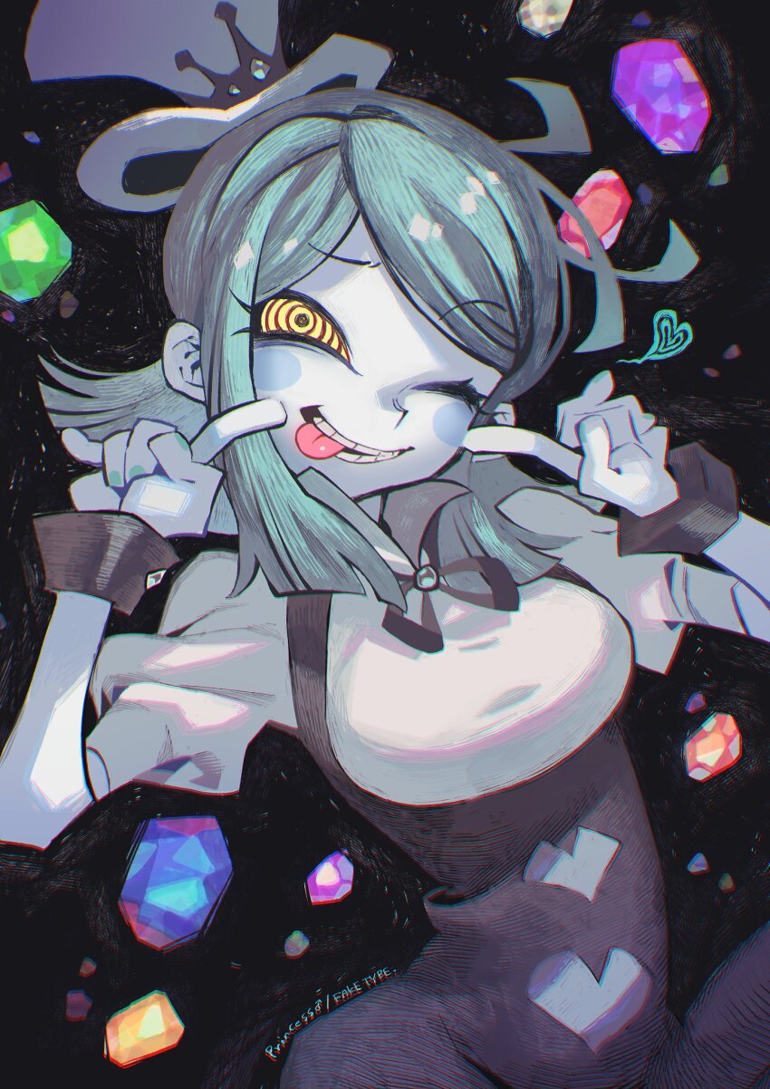 1girl, black_dress, black_ribbon, crown, crystal, dress, eyelashes, hat