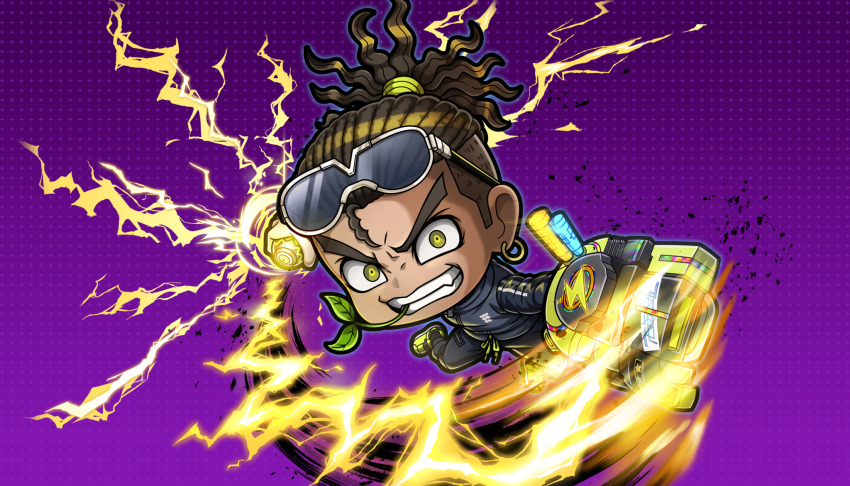 1boy, ball, black_jacket, black_pants, brown_hair, chibi, chibi_only, electricity, eyewear_on_head, fang, green_eyes, green_shoes, grin, highres, holding, holding_ball, jacket, looking_at_viewer, male_focus, mita_santarou, mouth_hold, non-web_source, official_art, pants, ponytail, purple_background, shoes, smile, solo, stalk_in_mouth, sunglasses, tribe_nine, v-shaped_eyebrows