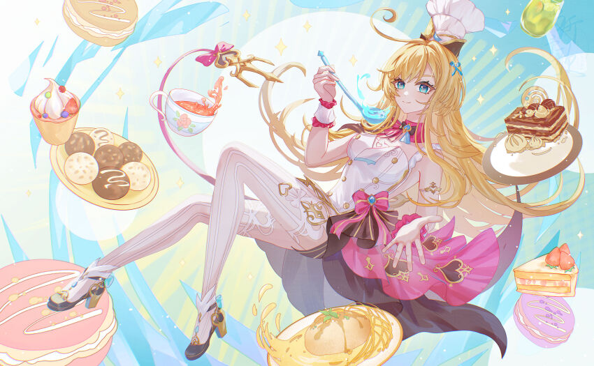 1girl, absurdres, ahoge, aqinorz, bare_shoulders, blonde_hair, cake, cake_slice