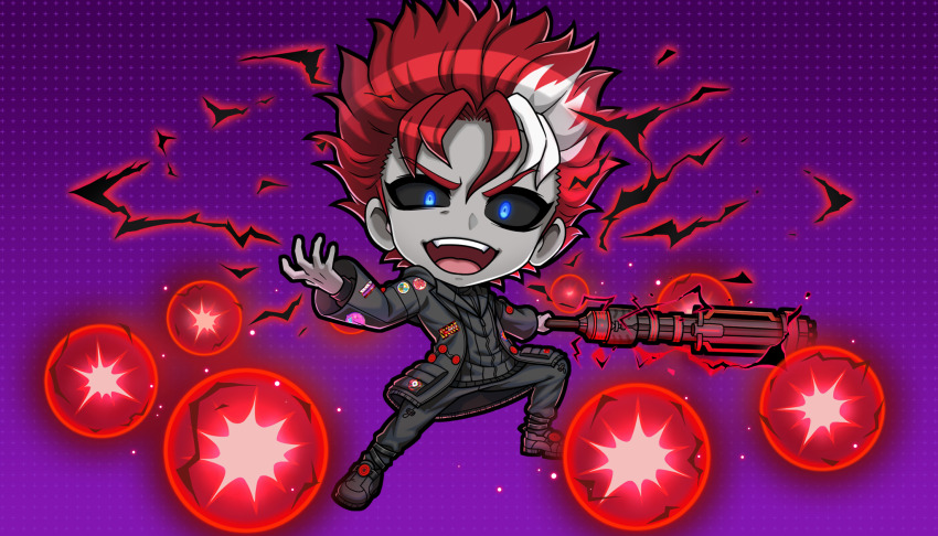 1boy, :d, black_jacket, black_pants, black_sclera, black_shoes, blue_eyes, chibi