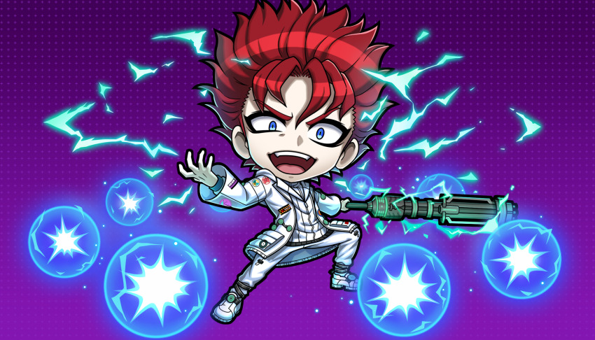 1boy, :d, blue_eyes, chibi, chibi_only, constricted_pupils, fangs, half-closed_eye