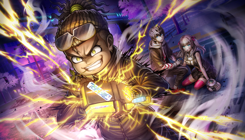 1girl, 2boys, aqua_eyes, black_hair, black_jacket, blonde_hair, blue_eyes, electricity