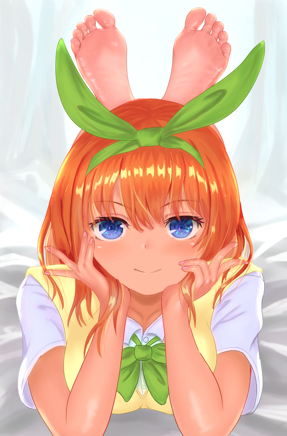 1girl, barefoot, blue_eyes, bow, bowtie, bulky_sun, commentary_request, feet