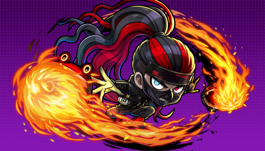 1boy, akiba_ichinosuke, black_hair, black_jacket, black_mask, black_pants, blue_eyes, chibi