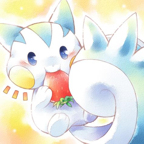 animal_focus, blue_eyes, blush, chiyo_(195815), commentary_request, eating, faux_traditional_media, food