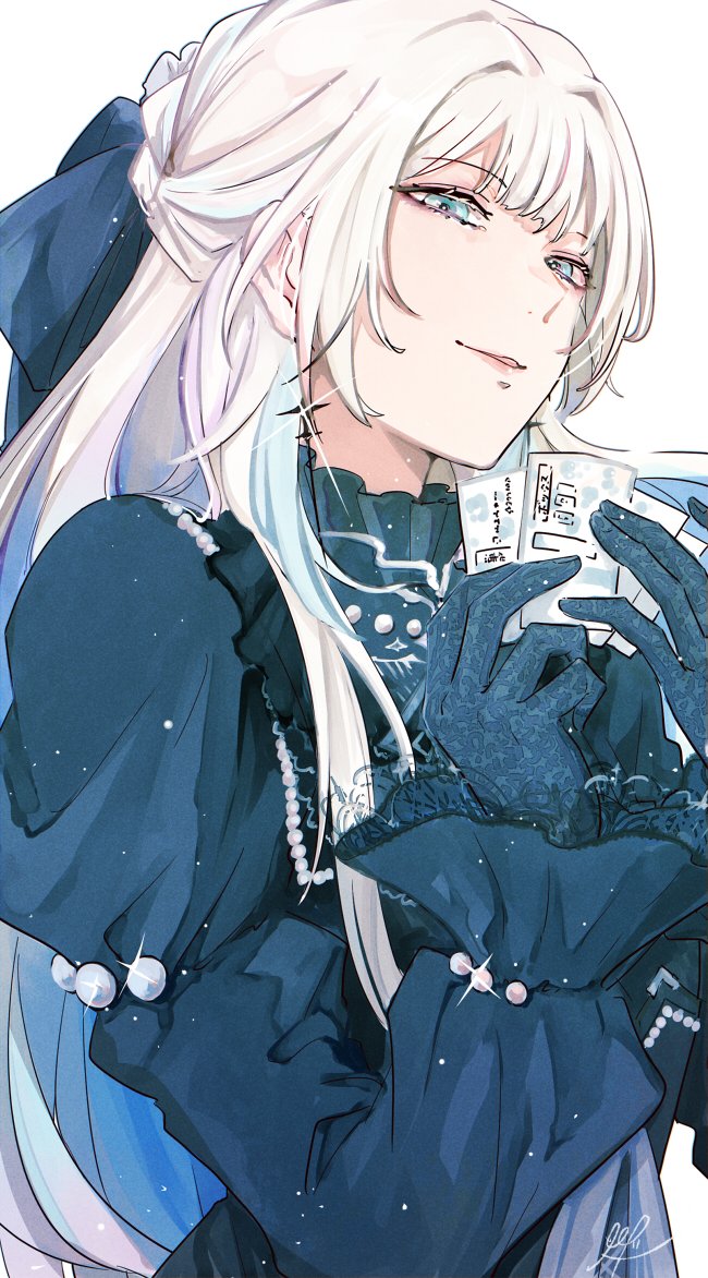 1boy, aqua_eyes, blue_dress, blue_gloves, blue_ribbon, commentary_request, crossdressing, crossdressing_(mtf)