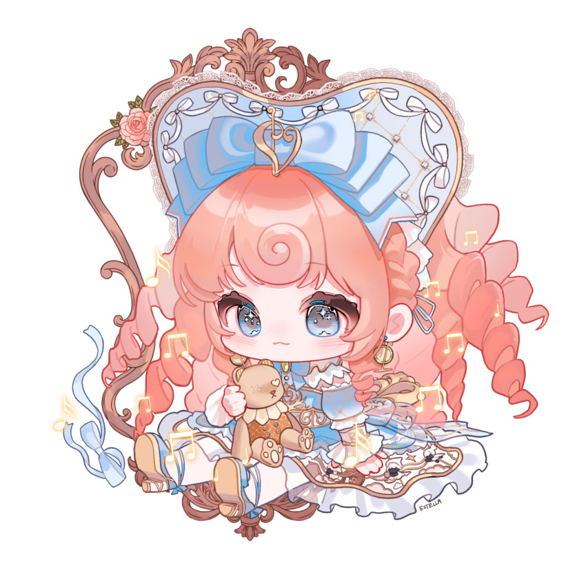 1girl, :3, argyle_bonnet, argyle_clothes, argyle_sleeves, arm_warmers, blue_bonnet, blue_bow, blue_bowtie, blue_dress, blue_eyes, blue_shoes, blue_sleeves, bonnet, bow, bowtie, brooch, character_profile, chibi, chinese_commentary, classic_lolita, closed_mouth, collar, commentary_request, cross-laced_armwear, curly_hair, detached_collar, detached_sleeves, dress, drill_hair, earrings, eeeestella, eyelashes, faewish_sprite, flower, footwear_bow, fortissimo, frilled_arm_warmers, frilled_collar, frilled_dress, frilled_sleeves, frills, gold_earrings, gown, hair_bow, hair_ornament, hair_ribbon, happy, heart-shaped_bonnet, high_heels, highres, holding, holding_stuffed_toy, hoop_earrings, infinity_nikki, jewelry, lace-trimmed_headwear, lace_trim, leaf, light_blush, lolita_fashion, long_dress, long_hair, looking_at_object, multiple_hat_bows, musical_note, musical_note_hair_ornament, nikki_(series), orange_hair, pantyhose, picture_frame, pink_flower, pink_rose, puffy_short_sleeves, puffy_sleeves, pumps, ribbon, rose, shoes, short_sleeves, simple_background, sitting, smile, solo, sparkling_eyes, strapless, strapless_dress, stuffed_animal, stuffed_toy, tareme, teddy_bear, timeless_melody_(infinity_nikki), very_long_hair, white_arm_warmers, white_background, white_bow, white_collar, white_pantyhose, white_ribbon, winding_key
