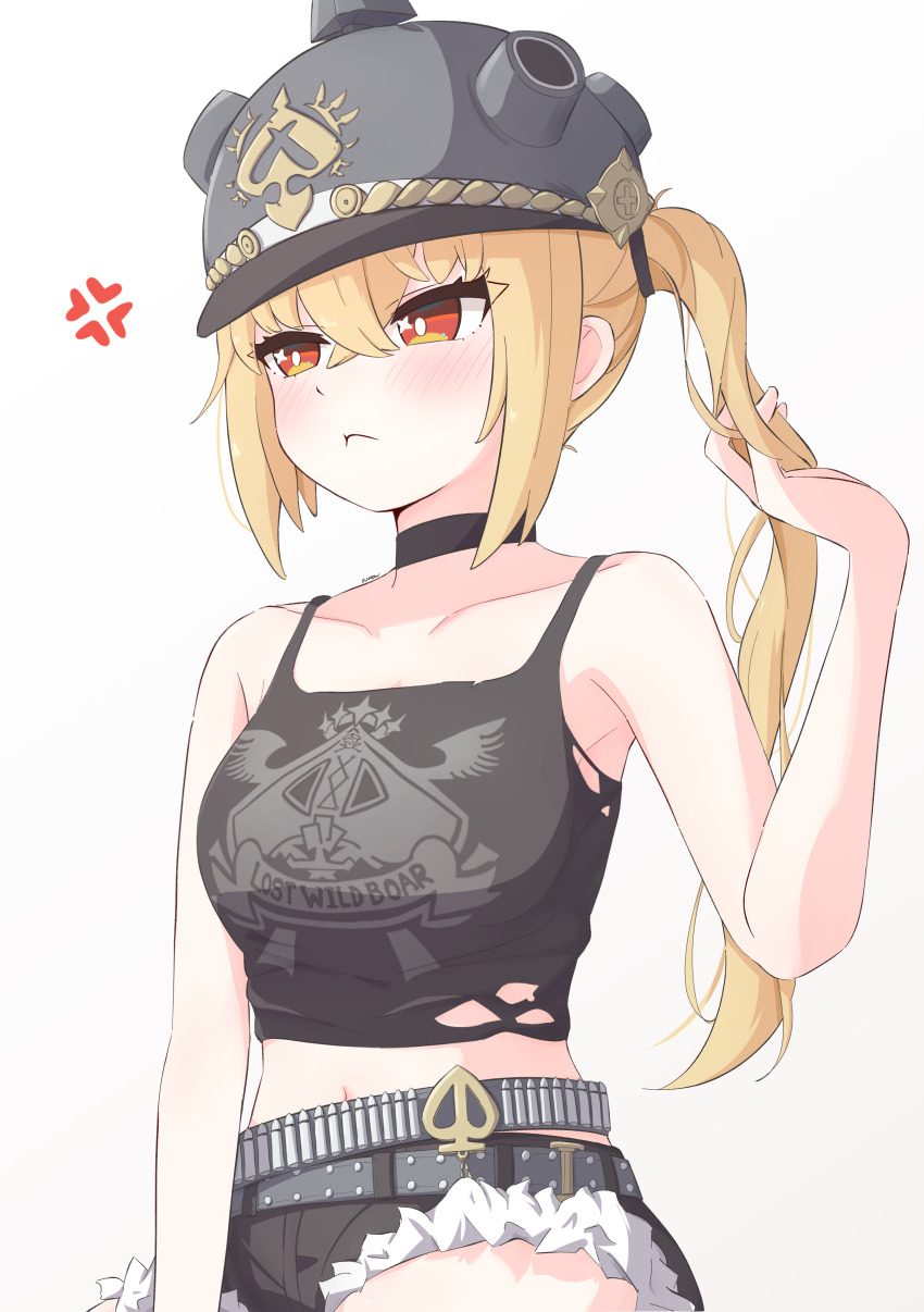 1girl, absurdres, anger_vein, bare_arms, bare_shoulders, black_helmet, black_shorts, blonde_hair