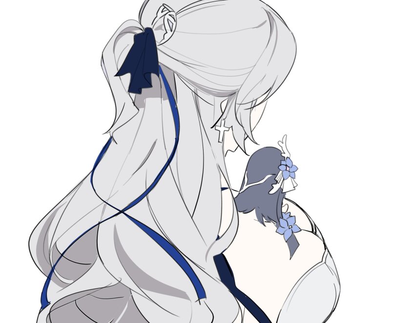 2girls, black_hair, breasts, bronya_zaychik, bronya_zaychik_(silverwing:_n-ex), cleavage, commentary, cross