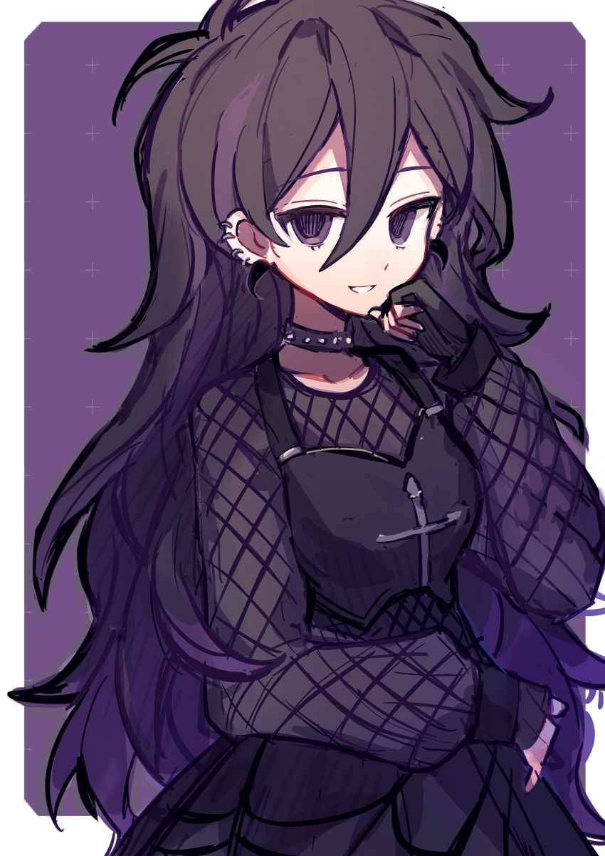 1girl, absurdres, alternate_costume, alternate_universe, antenna_hair, black_camisole, black_choker, black_gloves, black_hair, black_skirt, border, breasts, camisole, choker, collarbone, commentary, cross, double-parted_bangs, ear_piercing, earrings, empty_eyes, english_commentary, finger_to_own_chin, fingerless_gloves, fishnet_top, fishnets, from_above, gloves, grin, hair_between_eyes, hair_flaps, hand_on_own_opposite_hip, hand_up, hatching_(texture), highres, horn_earrings, jewelry, large_forehead, long_hair, long_sleeves, looking_at_viewer, mari_(faraway)_(omori), mari_(omori), medium_breasts, multicolored_hair, omori, outside_border, piercing, puffy_long_sleeves, puffy_sleeves, purple_background, purple_eyes, purple_hair, see-through_clothes, see-through_shirt, shio_0585, shirt, simple_background, skirt, small_breasts, smile, solo, standing, streaked_hair, two-tone_hair, upper_body, very_long_hair, white_border