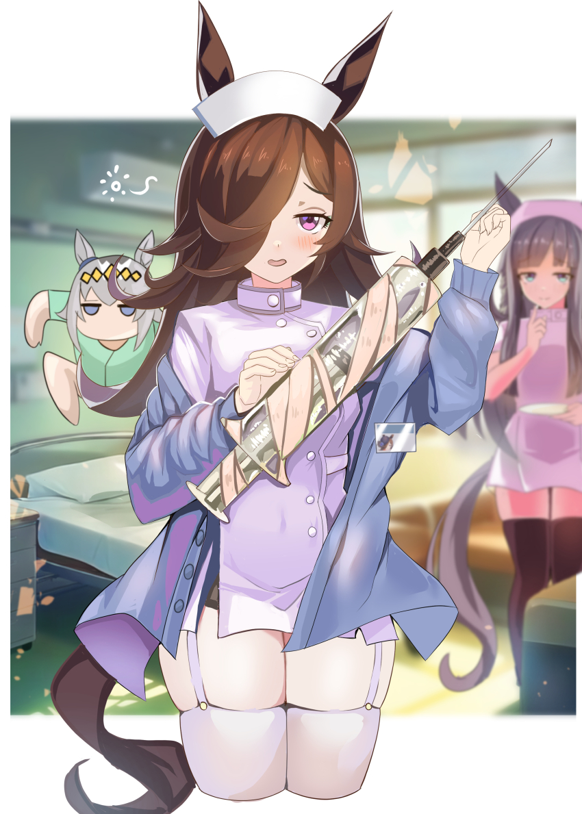 3girls, absurdres, animal_ears, bed, bigboss021, black_hair, blue_eyes, blurry