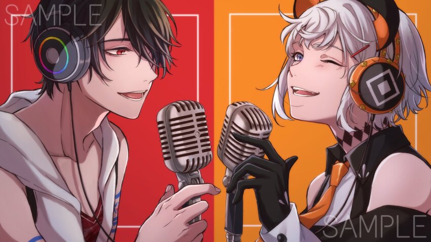 1boy, 1girl, bare_shoulders, black_gloves, black_hair, blush, collarbone, collared_shirt