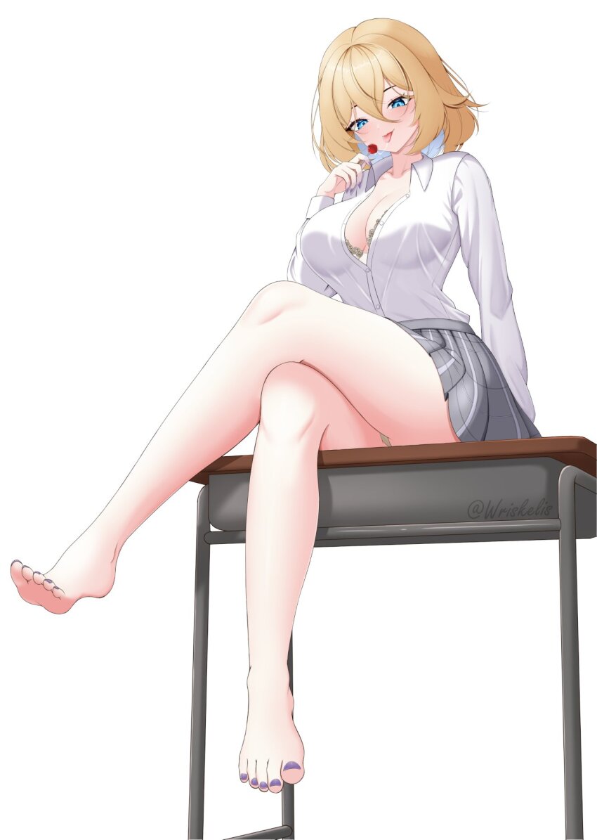 1girl, barefoot, blonde_hair, blue_eyes, blue_hair, bra, bra_peek, breasts