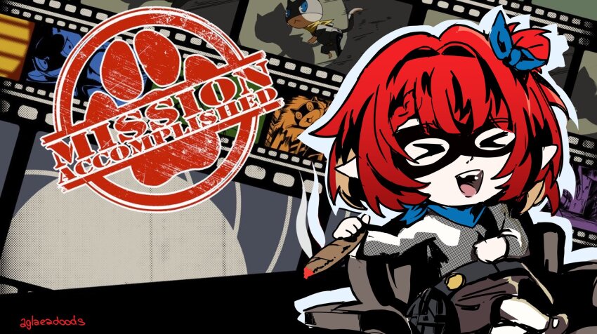 >_<, 1girl, :d, blue_ribbon, cigar, commentary, english_commentary, eye_mask