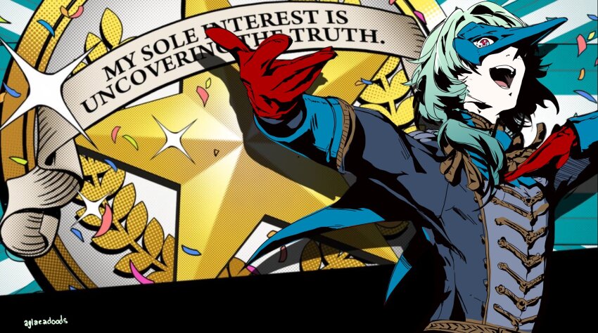 1boy, :d, anaxa_(honkai:_star_rail), aqua_hair, blue_shirt, commentary, english_commentary, gloves