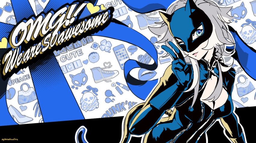 1girl, aqua_eyes, blue_bodysuit, blue_gloves, bodysuit, breasts, cat_mask, cipher_(honkai:_star_rail), cleavage, commentary, english_commentary, gloves, grey_hair, hand_up, highres, honkai:_star_rail, honkai_(series), hyastelle, long_hair, looking_at_viewer, mask, one_eye_closed, panther_(persona_5), parody, persona, persona_5, solo, takamaki_anne, upper_body, v