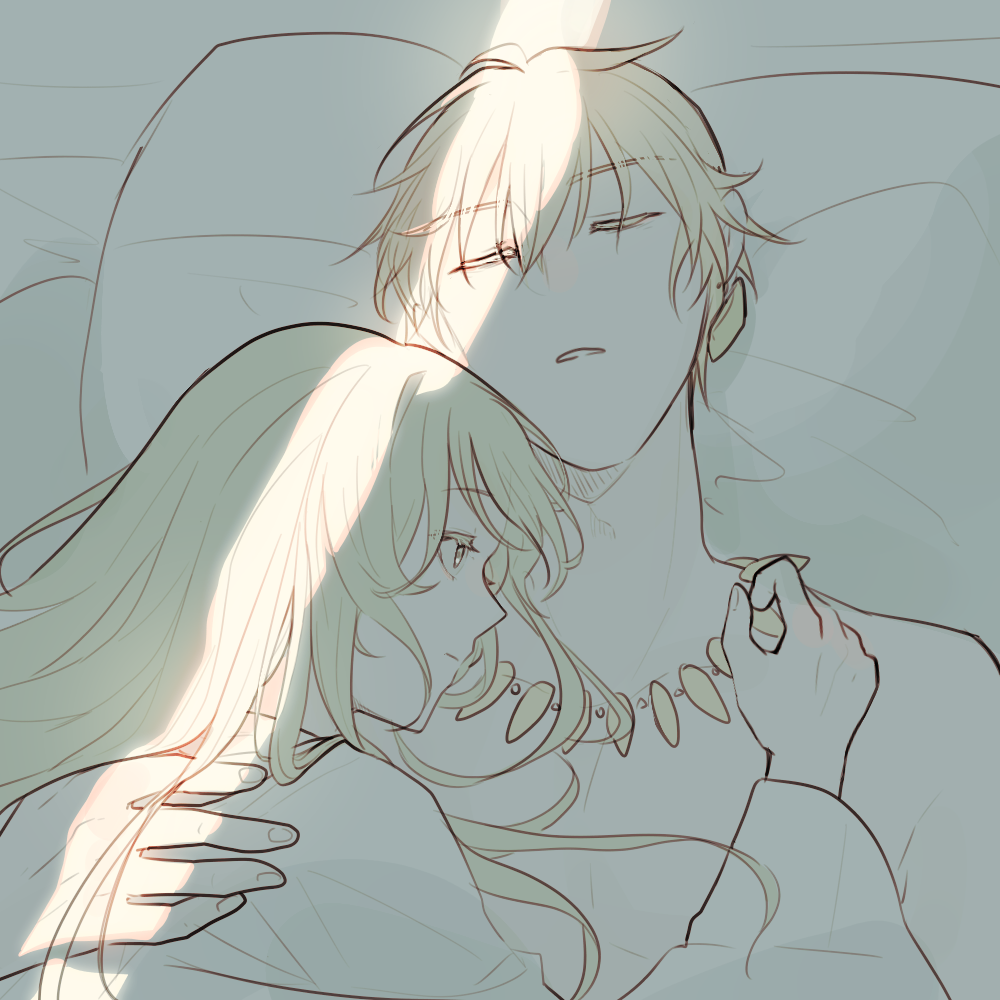 1boy, 1other, blonde_hair, closed_eyes, commentary_request, earrings, enkidu_(fate), fate/strange_fake