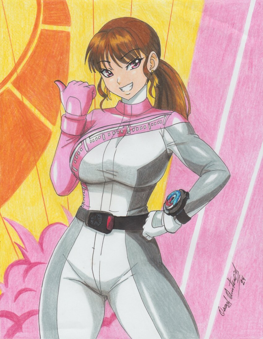 1girl, absurdres, bakuage_sentai_boonboomger, bodysuit, boonboom_changer, breasts, brown_hair, bun_pink