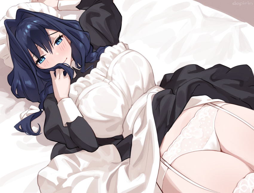 1girl, apron, black_dress, black_hair, blue_eyes, braid, dopirin, dress, garter_straps, grabbing_own_hair, hair_intakes, hat, highres, holding_own_hair, hololive, hololive_english, long_hair, low_twin_braids, lying, maid_apron, mob_cap, official_alternate_costume, official_alternate_hairstyle, on_back, on_bed, ouro_kronii, ouro_kronii_(maid), panties, solo, thighhighs, twin_braids, underwear, virtual_youtuber, white_apron, white_panties, white_thighhighs