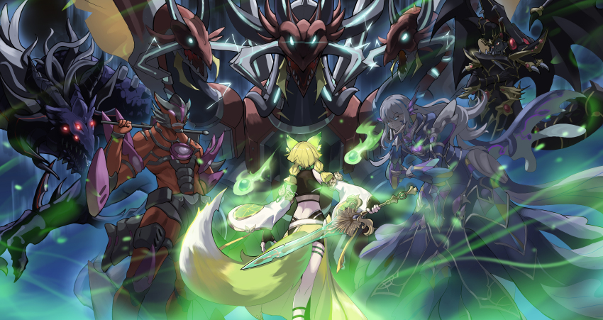 1girl, 2girls, 3others, absurdres, animal_ear_fluff, animal_ears, asymmetrical_legwear, axe