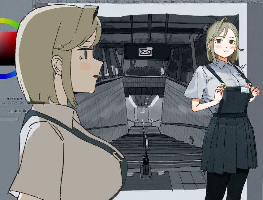 1girl, aqua_dress, art_program_in_frame, art_program_request, black_eyes, blunt_ends, blush_stickers, breasts