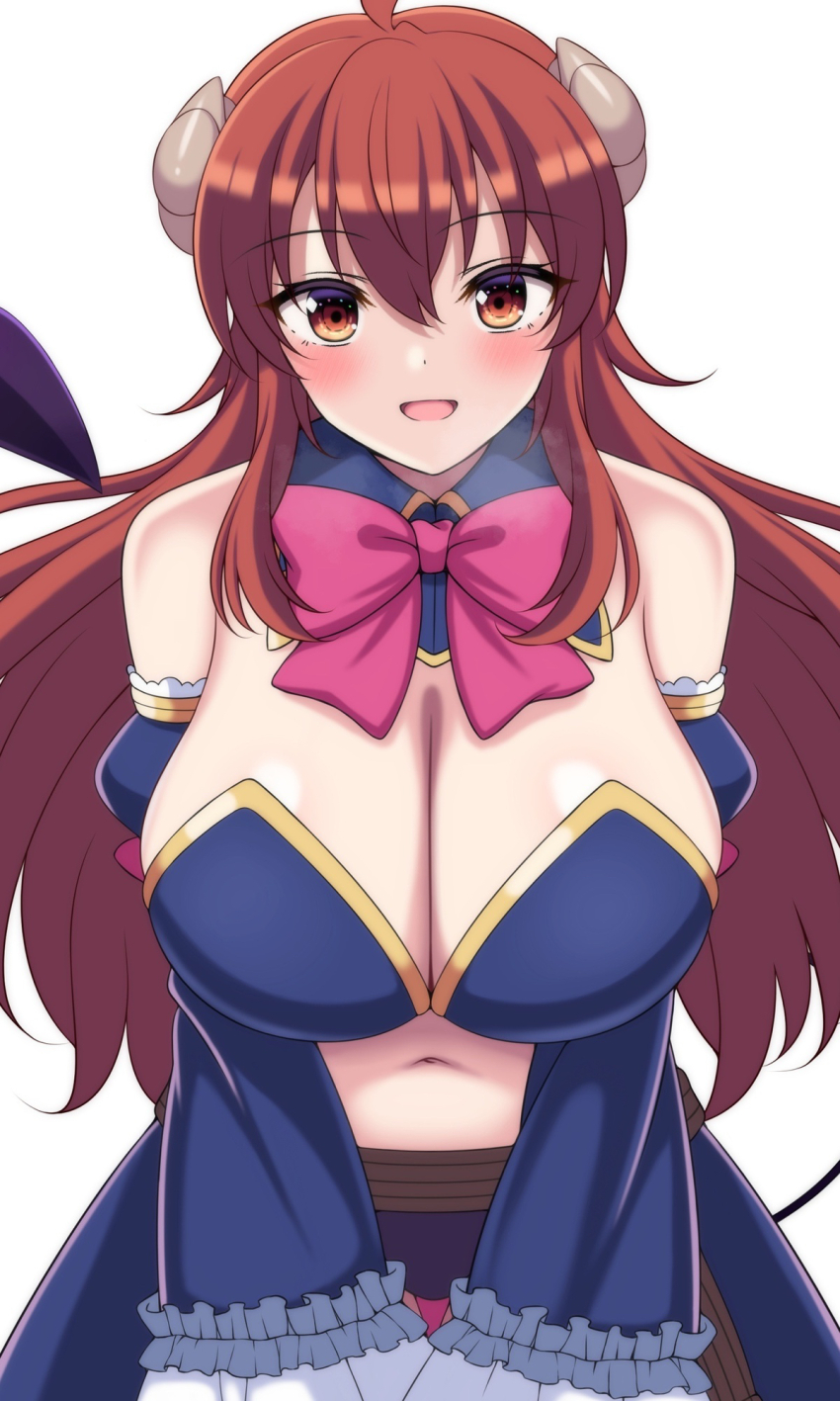 1girl, bare_shoulders, blush, bow, bowtie, breasts, brown_eyes, brown_hair