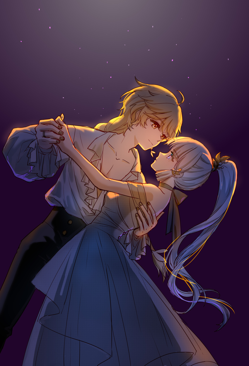 1boy, 1girl, absurdres, aether_(genshin_impact), ahoge, ayaka_(genshin_impact), blonde_hair, blue_dress