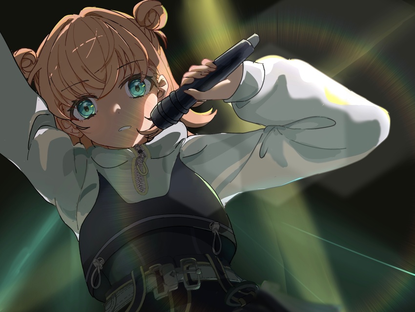 1girl, absurdres, aqua_eyes, black_background, black_sweater, clenched_teeth, commentary, crossed_bangs