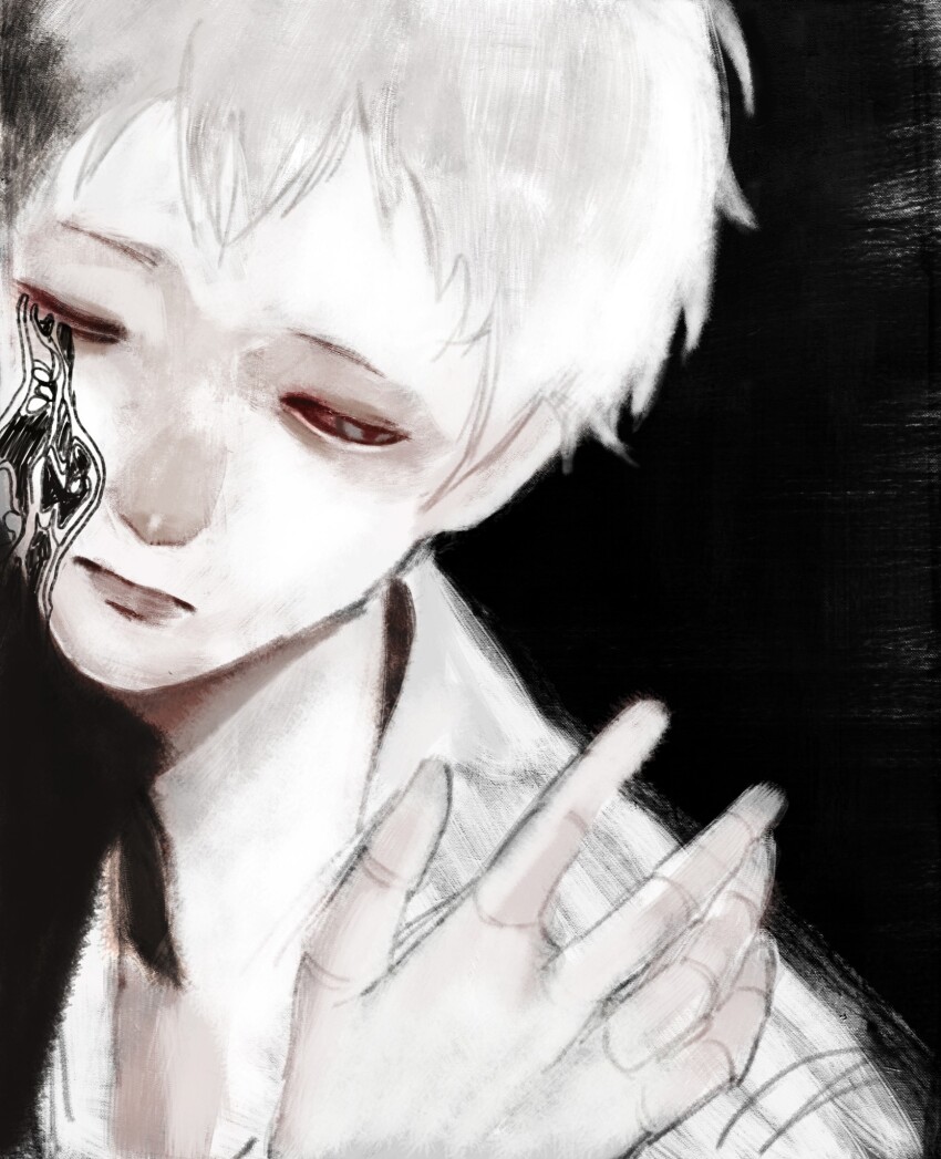 1boy, albino, black_background, colored_skin, crying, hand_up, highres, indou_hikaru, hikaru_ga_shinda_natsu, jyuzhi92, male_focus, red_eyes, sad, solo, white_hair, white_skin