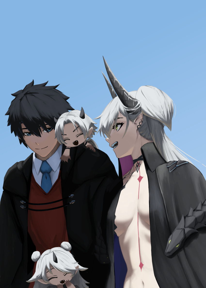 1boy, 1girl, black_cloak, black_hair, blue_eyes, body_markings, breasts, choker, cloak, collared_shirt, crossed_bangs, demon_girl, demon_horns, demon_wings, ear_piercing, fate/grand_order, fate_(series), fujimaru_ritsuka_(male), fujimaru_ritsuka_(male)_(mage's_association_uniform), green_eyes, grey_hair, hair_between_eyes, highres, horns, lilin_(fate), lilith_(fate), lilith_(second_ascension)_(fate), long_hair, long_sleeves, medium_breasts, navel, necktie, open_mouth, paperpillar, piercing, pointy_ears, shirt, short_hair, smile, twintails, very_long_hair, white_shirt, wings