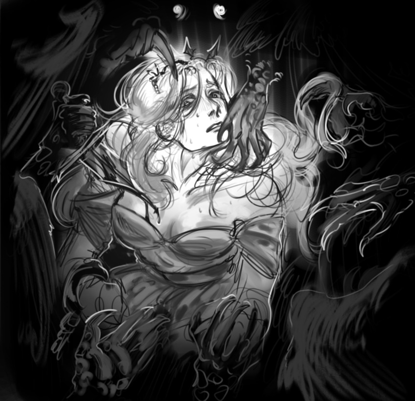 1boy, 1girl, black_background, breasts, cleavage, crown, cuffs, greyscale, highres, holding, holding_knife, knife, long_hair, monochrome, okinmars, princess_(slay_the_princess), shackles, slay_the_princess, small_breasts, talons, the_hero_(slay_the_princess)