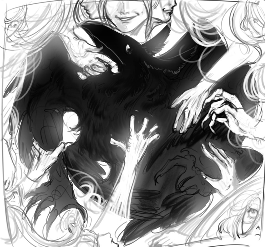 1boy, 1girl, extra_arms, greyscale, highres, horror_(theme), monochrome, multiple_heads