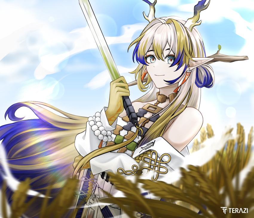 1girl, absurdres, arknights, bare_shoulders, bead_necklace, beads, blonde_hair, breasts