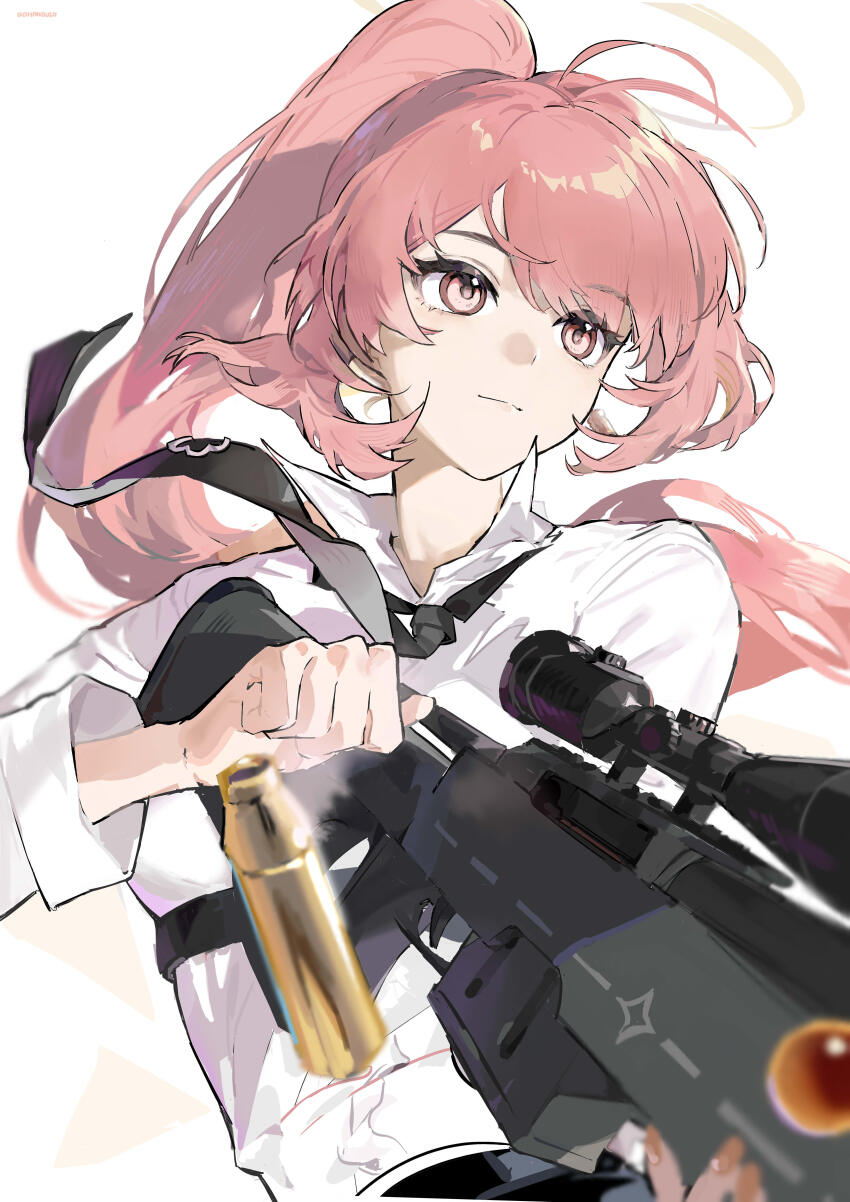 1girl, absurdres, arknights, bolt_action, chest_harness, closed_mouth, commentary_request, detached_wings