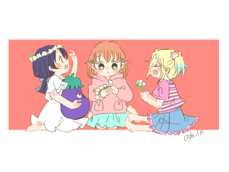3girls, aged_down, barefoot, blonde_hair, blue_ribbon, blue_skirt, children's_day, commentary_request