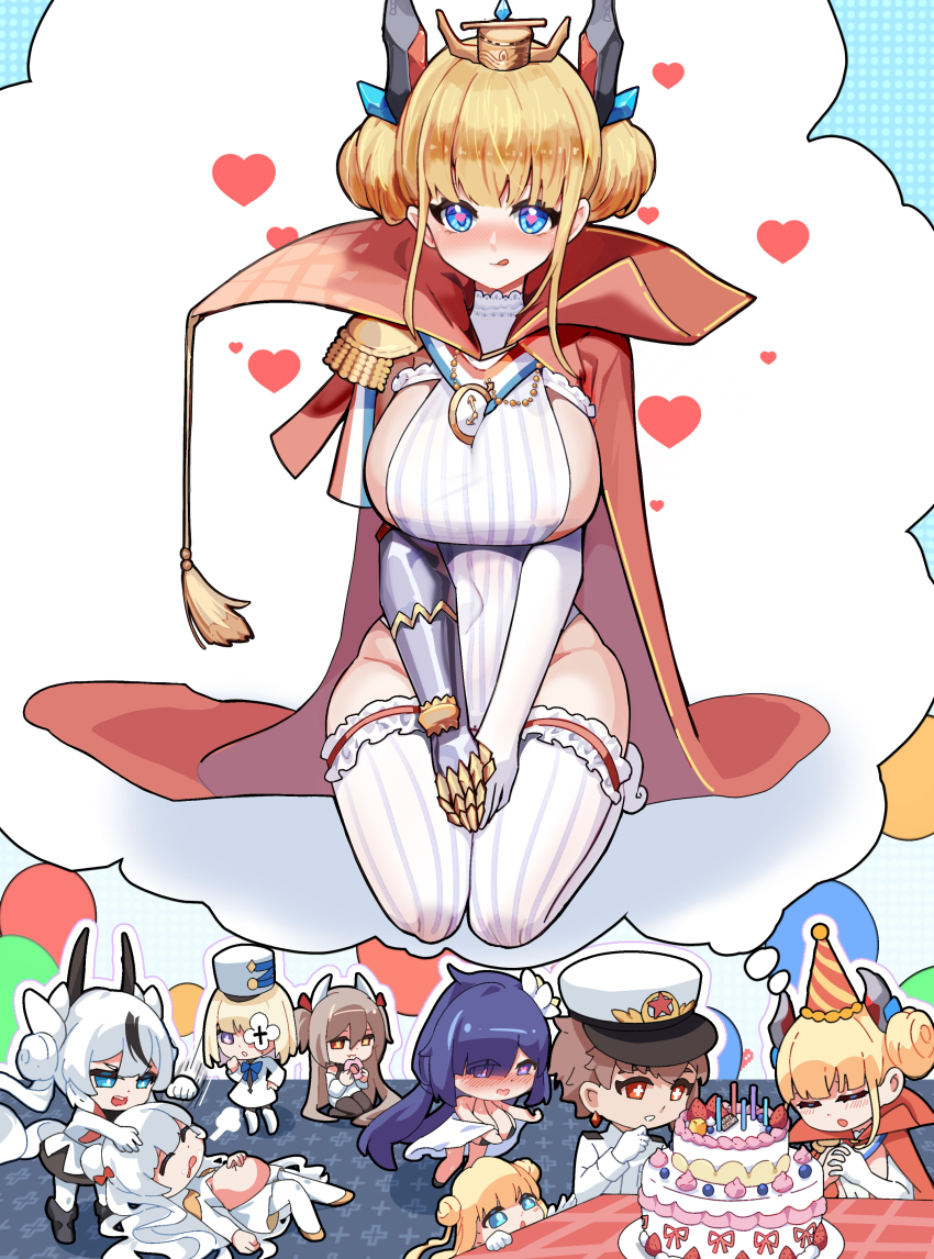 +_+, 1boy, 6+girls, absurdres, alternate_breast_size, azur_lane, birthday_cake, birthday_party, black_hair, blonde_hair, blue_eyes, breasts, brown_hair, cake, cape, chibi, chinese_commentary, clock_necklace, closed_eyes, closed_mouth, commander_(azur_lane), commentary_request, dhy-232, double_bun, elbow_gloves, epaulettes, food, frilled_thighhighs, frills, gauntlets, gloves, hair_bun, heart, heart-shaped_pupils, highres, imagining, l'audacieux_(azur_lane), l'indomptable_(azur_lane), large_breasts, le_malin_(azur_lane), le_terrible_(azur_lane), le_triomphant_(azur_lane), leotard, licking_lips, mogador_(azur_lane), multicolored_hair, multiple_girls, praying, purple_eyes, purple_hair, red_cape, red_eyes, single_elbow_glove, single_epaulette, single_gauntlet, single_glove, smile, streaked_hair, striped_clothes, striped_thighhighs, symbol-shaped_pupils, thighhighs, tongue, tongue_out, vertical-striped_clothes, vertical-striped_thighhighs, white_gloves, white_hair, white_leotard, white_thighhighs