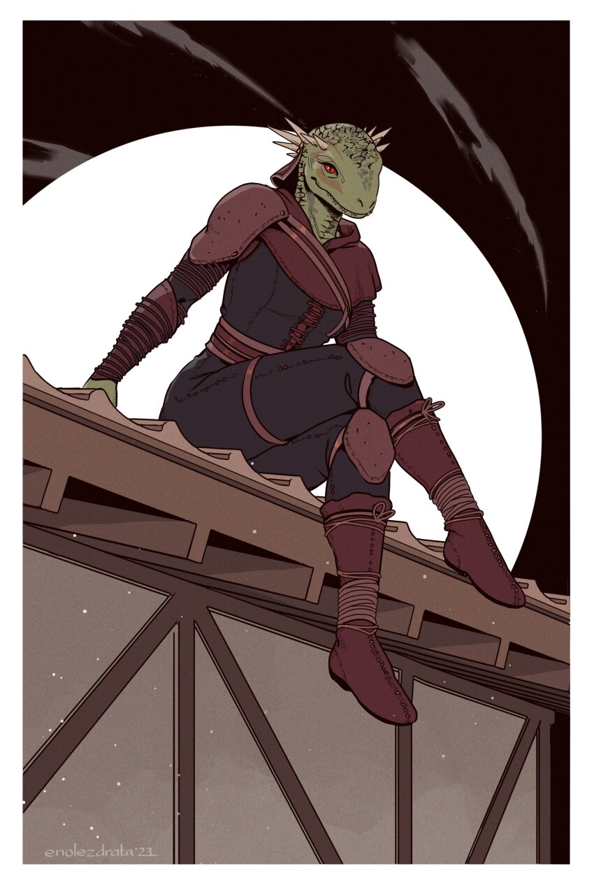 1girl, absurdres, argonian, artist_name, black_bodysuit, bodysuit, boots, border, colored_skin, dark_brotherhood, enolezdrata, furry, furry_female, green_skin, highres, ocheeva, outside_border, red_boots, red_eyes, reptile_girl, sitting, solo, the_elder_scrolls, the_elder_scrolls_iv:_oblivion, white_border