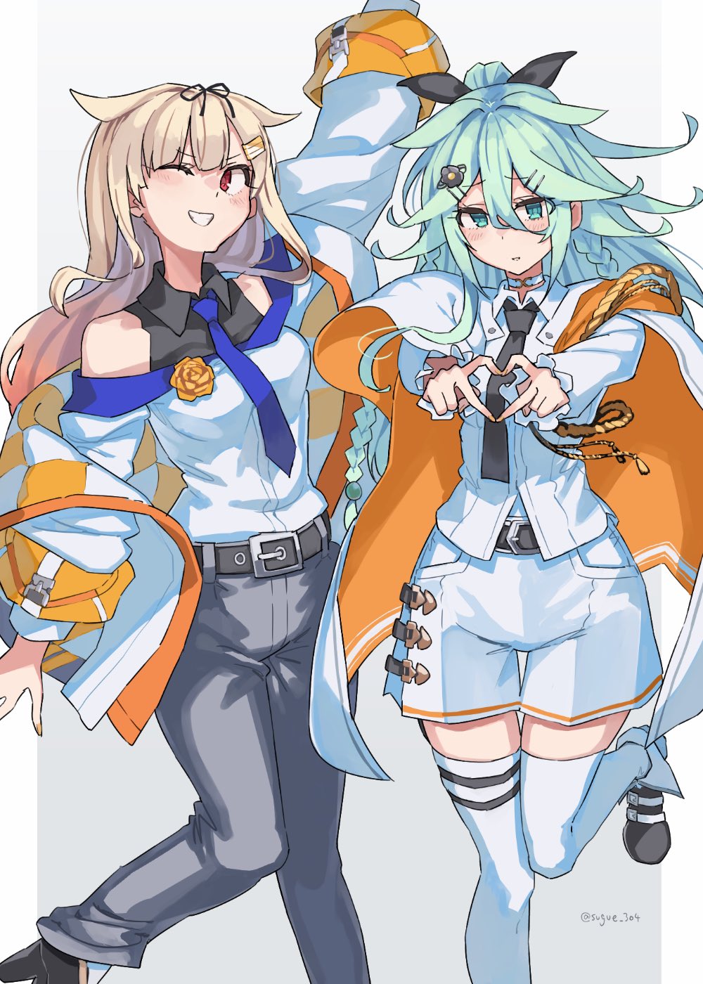 2girls, aiguillette, belt, black_belt, black_necktie, black_ribbon, black_shirt, blonde_hair