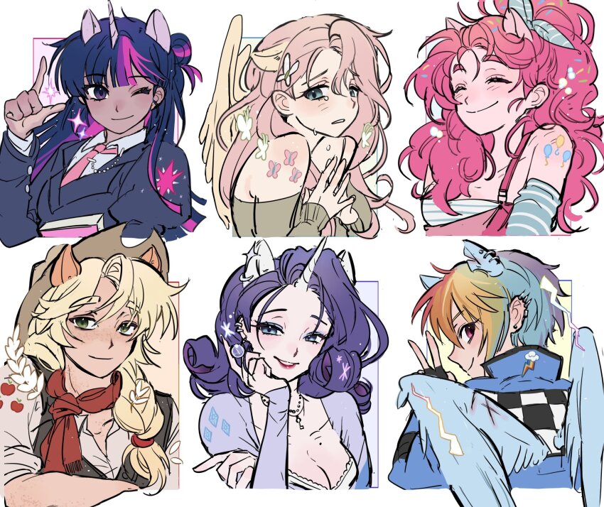 6+girls, ;), ^_^, animal_ear_piercing, animal_ears, applejack, bare_shoulders, black_gloves, black_hair, black_jacket, black_vest, blonde_hair, blue_eyes, blue_eyeshadow, blue_hair, blue_wings, book, bra, breasts, bug, butterfly, butterfly_hair_ornament, closed_eyes, closed_mouth, collarbone, collared_shirt, cropped_torso, curly_hair, cutie_mark, dark-skinned_female, dark_skin, extra_ears, eyeshadow, fingerless_gloves, fluttershy, freckles, from_behind, gloves, green_eyes, green_hair, green_sweater, grin, hair_behind_ear, hair_between_eyes, hair_bun, hair_ornament, hair_over_shoulder, hand_on_own_arm, hand_on_own_cheek, hand_on_own_face, hand_up, hashtag-only_commentary, high_ponytail, highres, horse_ears, index_finger_raised, insect, jacket, jewelry, layered_sleeves, lightning_bolt_symbol, long_hair, long_sleeves, looking_at_viewer, looking_back, low-tied_long_hair, makeup, mane_six_(my_little_pony), medium_breasts, memoji_7672, mole, mole_on_breast, multicolored_hair, multiple_girls, my_little_pony, my_little_pony:_friendship_is_magic, necklace, necktie, off-shoulder_sweater, off_shoulder, one_eye_closed, orange_hair, overalls, own_hands_together, pale_skin, parted_lips, pink_hair, pink_necktie, pink_overalls, pinkie_pie, ponytail, profile, puffy_sleeves, purple_eyes, purple_hair, rainbow_dash, rainbow_hair, raised_eyebrows, raised_inner_eyebrows, rarity_(my_little_pony), red_eyes, red_hair, red_lips, red_scarf, scarf, shirt, short_hair, short_sleeves, shoulder_tattoo, sideways_glance, simple_background, single_hair_bun, sleeves_past_wrists, smile, sparkle, streaked_hair, sweat, sweater, tattoo, tomboy, twilight_sparkle, underwear, unicorn_girl, unicorn_horn, v, vest, white_background, white_bra, white_butterfly, white_shirt, wings, yellow_wings
